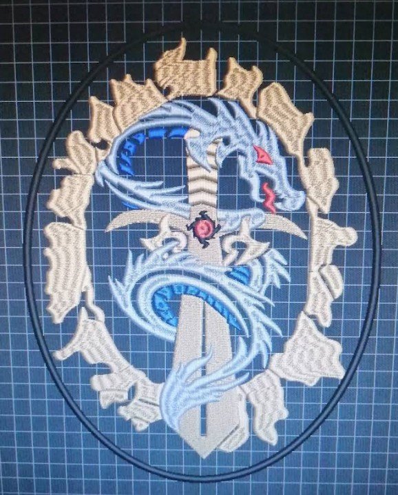 Detailed custom dragon and sword design, digitized in-house
